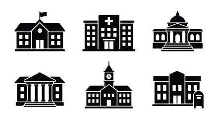 Public building icons set, black silhouette government and municipal architecture vectors, school hospital and courthouse symbols for maps © DesignHost
