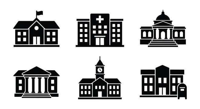 Public building icons set, black silhouette government and municipal architecture vectors, school hospital and courthouse symbols for maps