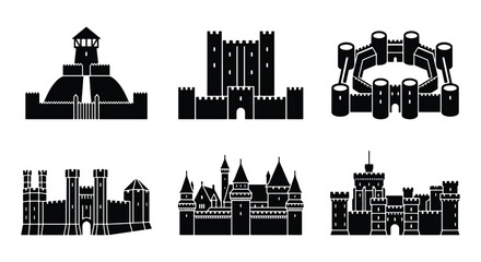 Medieval castle silhouette icons, 6 black fortress vector elements, ancient stone citadel and royal palace symbols for history and gaming maps © DesignHost