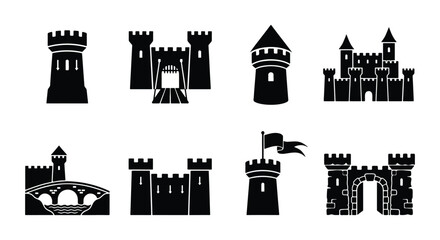 Medieval castle icons set, black silhouette fortress and tower vector elements, ancient stone citadel and palace architecture symbols for gaming and logos © DesignHost