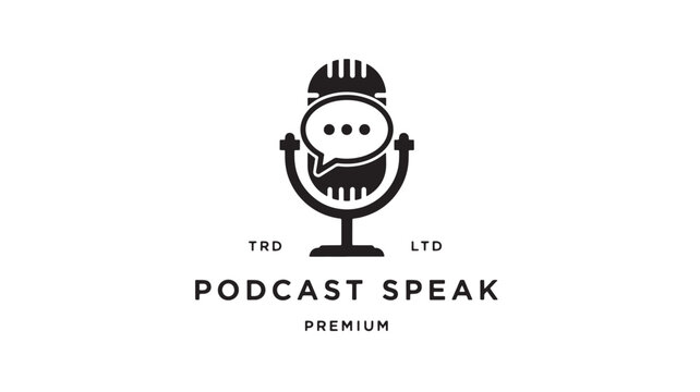 Microphone podcast logo icon with chat bubble and wave emblem for premium audio branding design featuring broadcasting, streaming, sound with radio