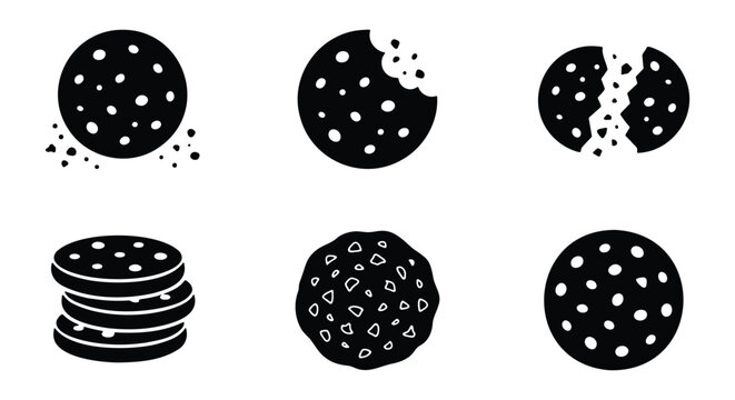 Minimalist chocolate chip cookie icons, black silhouette biscuit vector set, bitten and broken sweet snacks, flat food symbols for bakery branding