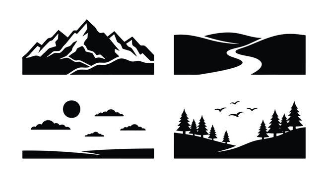 Minimalist mountain landscape icons, black and white nature scenery vector set, outdoor wilderness silhouettes with forest and river elements