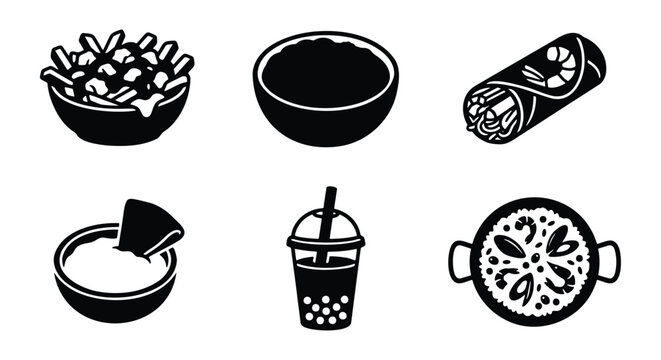 Minimalist black food icons set, 6 international cuisine vector elements, poutine and spring roll symbols, bubble tea and paella graphics for menu design