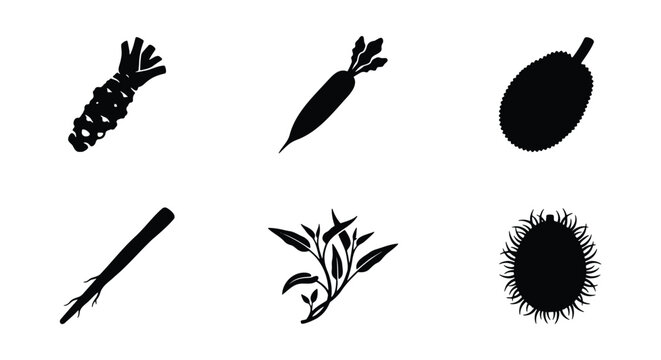 Black silhouette vegetable icons, set of 6 organic root vegetables and exotic fruits, minimalist wasabi and daikon radish vector elements