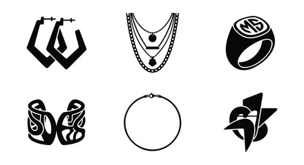 Minimalist jewelry icon set, black vector fashion accessories, collection of 6 elegant jewelry elements including rings, necklaces, and earrings © DesignHost