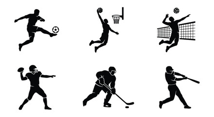 Fototapeta premium Sport athlete silhouettes, 6 black player icons, team sports vector set