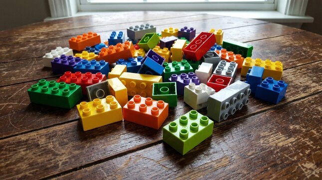 A scattered pile of colorful LEGO bricks on a rustic wooden surface.