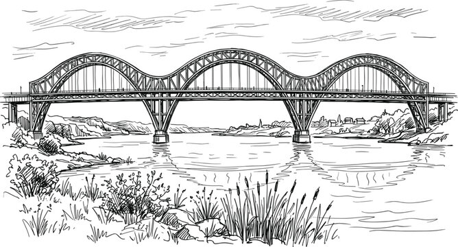 Arched steel bridge over calm river with natural landscape and reflections detailed scenic architectural line illustration