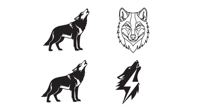 Wolf and dog head icons set with black bold silhouettes, lightning and angular paw prints, isolated on white background