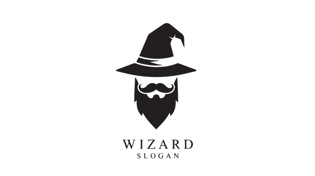 Wizard hat and beard logo with mustache silhouette, elegant branding mark for fantasy game and spell wizard identity