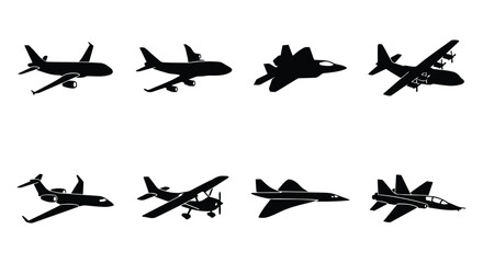 Airplane silhouette vector set, commercial aircraft and military jet icons, 8 aviation transport elements, black flying plane shapes on white © DesignHost