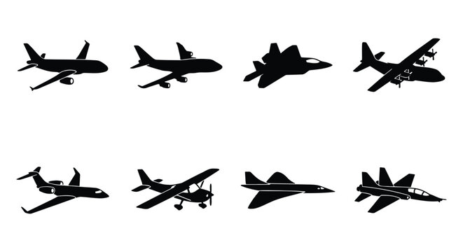Airplane silhouette vector set, commercial aircraft and military jet icons, 8 aviation transport elements, black flying plane shapes on white