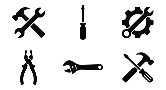 Industrial work tools icon set, black hardware vector, 6 repair symbols