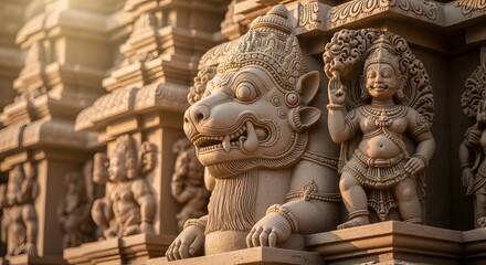 Fototapeta premium Intricate Stone Carvings of Hindu Deity and Mythical Creature Celebrating Varaha Jayanti at Temple