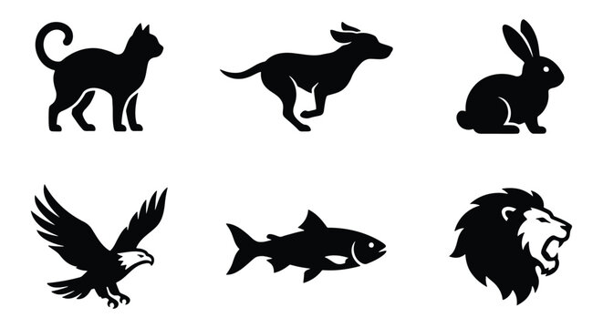 Minimalist animal silhouette icons set, black vector wildlife graphics of cat dog rabbit eagle fish and lion, 6 professional animal logo elements