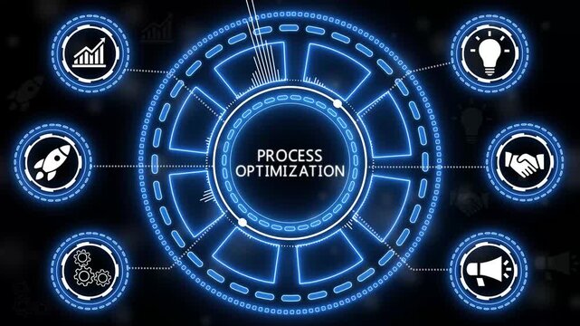 Process optimization concept with neon graphic and associated icons on black background.4k Animation.