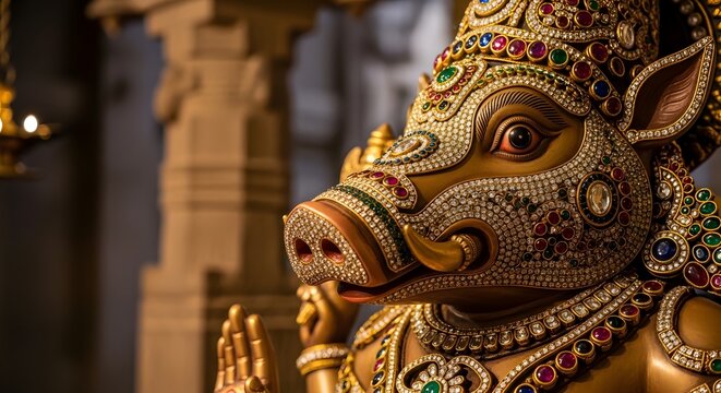 Intricately Decorated Varaha Murti for Jayanti Celebrations Featuring Gold, Gems, and Traditional Art