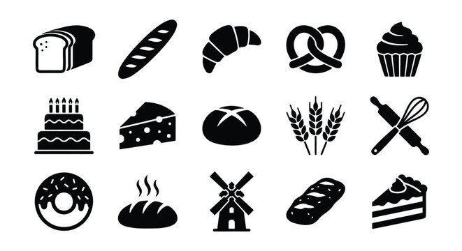 Bakery icon set with 15 black vector elements, bread and pastry symbols for cafe menus, minimalist bakery shop graphics on white background
