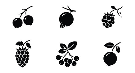 Minimalist berry icon set, black silhouette fruit symbols, collection of 6 vector berry illustrations, organic food graphics for packaging © DesignHost