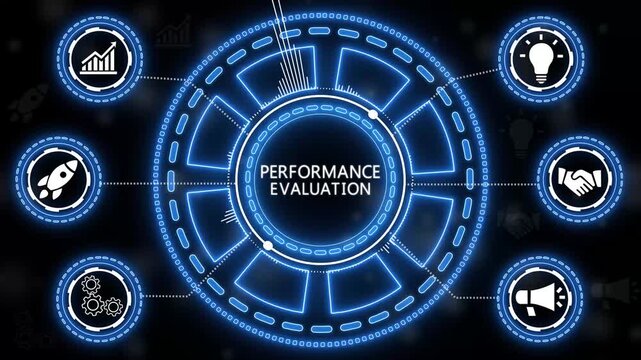 Digital neon performance evaluation infographic with business and technological icons on black.4k Animation.