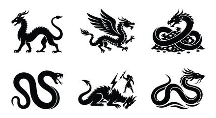 Mythical dragon silhouette set, 6 fantasy creature icons, black beast vectors © Designhoost Ltd