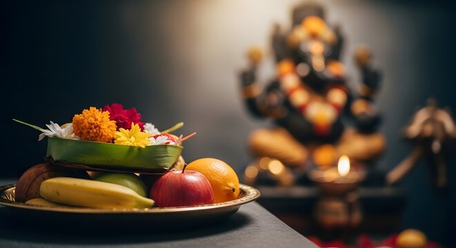 Traditional Offerings and Decor for Varaha Jayanti Celebration with Fruit, Flowers, and Sacred Idol in the Background