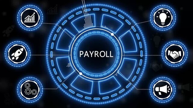 Animated payroll interface with business icons and progress indicators for finance.4k Animation.