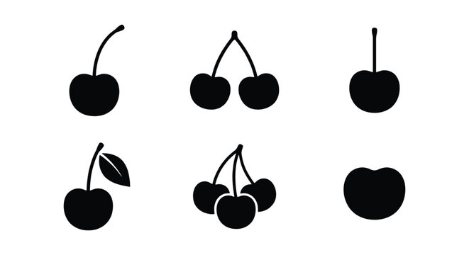 Minimalist cherry icon set, black silhouette fruit symbols, collection of 6 vector cherry illustrations for food branding and menu design