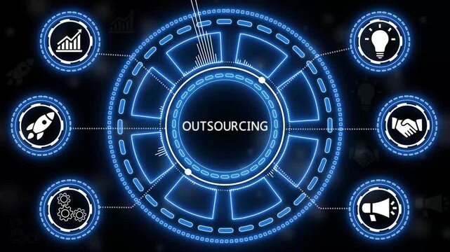 Conceptual animated illustration of outsourcing strategy and its business process icons.4k Animation.