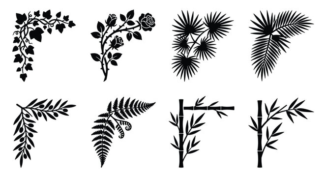 Black floral corner borders set, 8 botanical frame elements, decorative leaf and rose silhouettes, tropical palm and bamboo vector ornaments