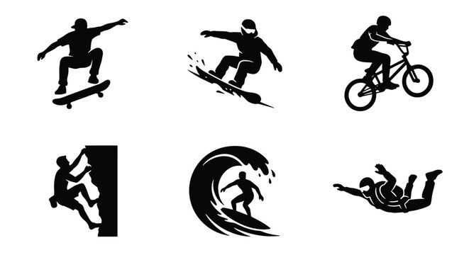 Extreme sports silhouettes, 6 action icons, skateboarding and surfing vectors