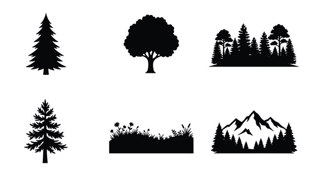 Black tree silhouettes and mountain landscape icons, set of 6 nature vector elements, pine forest and meadow grass shapes for outdoor logos