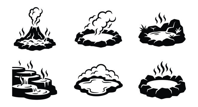 Black and white hot spring icons, volcanic geyser and thermal pool vector set, steaming mineral water and natural spa elements for travel maps