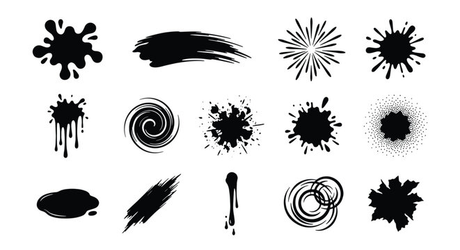 Black ink splatters and paint brush strokes, set of 15 grunge vector elements, liquid drip and spray splatter shapes for artistic design
