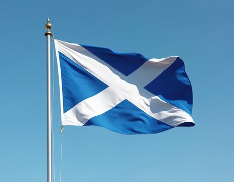 Scottish flag, a white saltire on a blue field, waves in a clear blue sky. The national emblem flutters on a tall pole against the bright daylight.