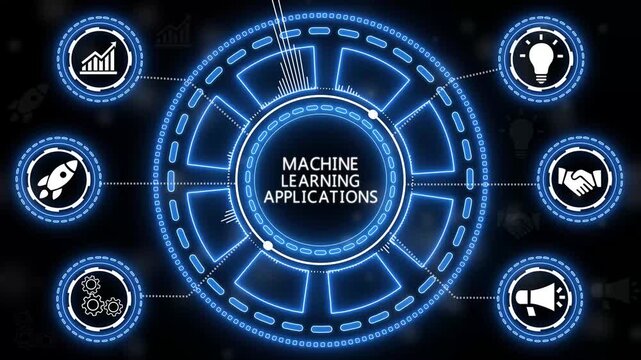 Futuristic visualization of machine learning applications and their interconnected functions.4k Animation.