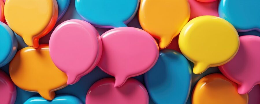 Colorful speech bubbles pile up, showing abstract communication and social media concepts. This illustration has vibrant design elements with yellow, pink, and blue shapes symbolizing talk and ideas.