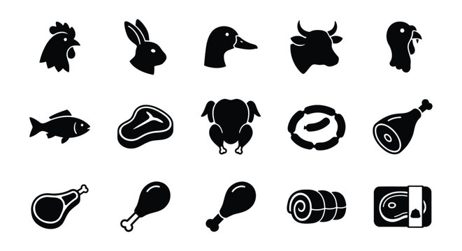 Butcher shop icons set, 15 meat and poultry vector symbols, farm animal signs