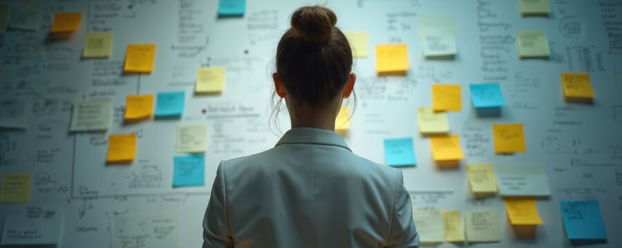 Woman plans strategy on wall board covered with notes papers. Pro analyzes project ideas using sticky notes. Teamwork or solo work for business growth and problem solving.