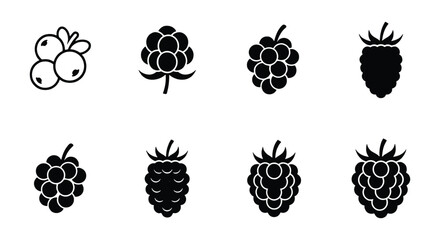 Minimalist berry icon set, black fruit silhouettes, 8 forest berry vectors © Designhoost Ltd