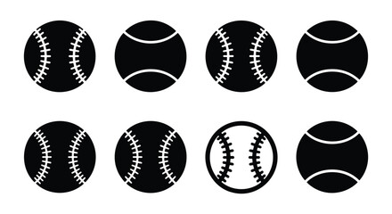 Fototapeta premium Baseball icons set, black softball vector silhouettes, 8 sports ball elements