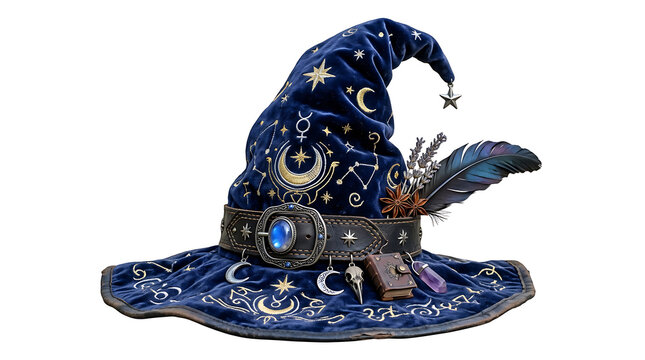 Enchanting pointed magic witch hat for a mystical sorcerer, featuring aged leather texture and dark wizardry style, isolated on a transparent background for fantasy concept design and AI art.