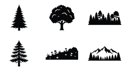 Obraz premium Forest tree silhouettes, mountain landscape icons, 6 nature vector elements