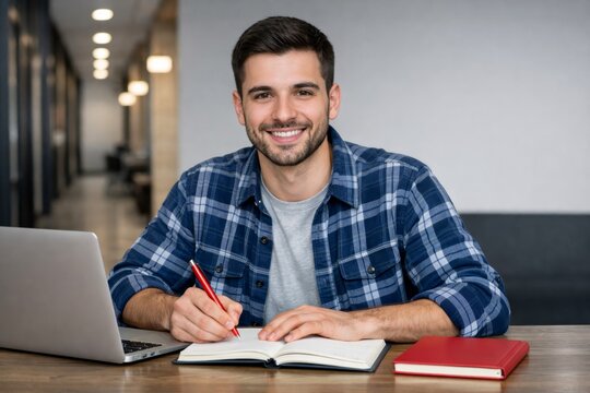 Smiling student man writing at desk in modern interior. Ai generative