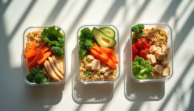 Three glass meal prep containers hold nutritious food. Chicken, grains, broccoli, carrots, avocado and tomatoes offer balanced meals. Healthy eating and diet planning.