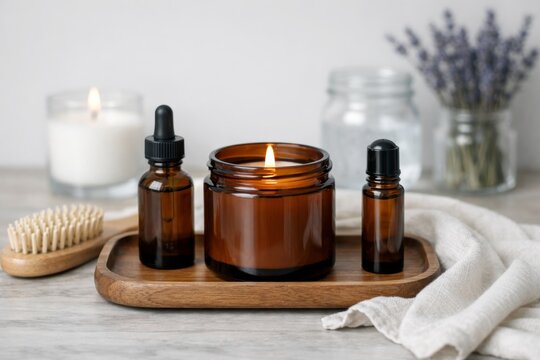 Amber glass candle and oils on wooden tray for spa relaxation scene. Ai generative