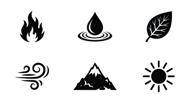 Natural elements icon set, 6 black vector symbols of fire water earth and air