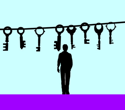 Silhouette man facing hanging keys symbolizing concepts and solutions