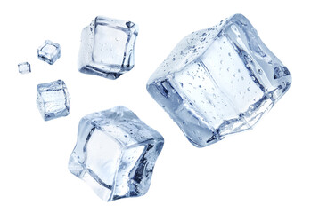 Floating ice cubes with water droplets, isolated on cutout transparent background